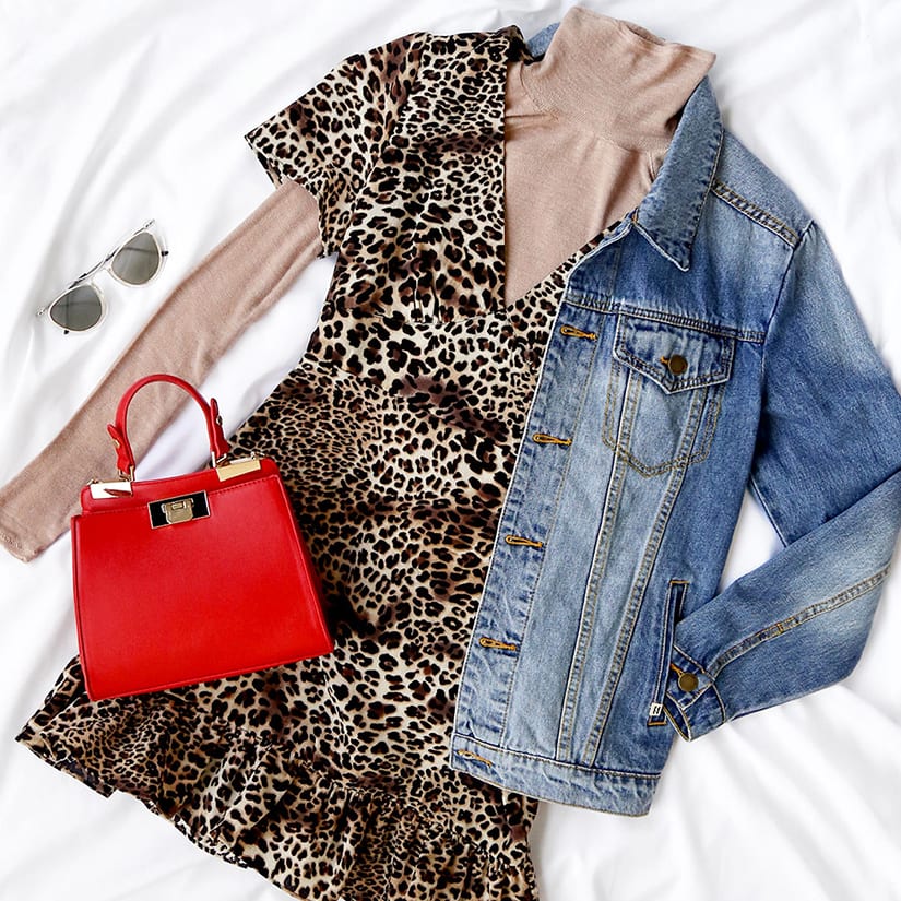 animal print dress with denim jacket