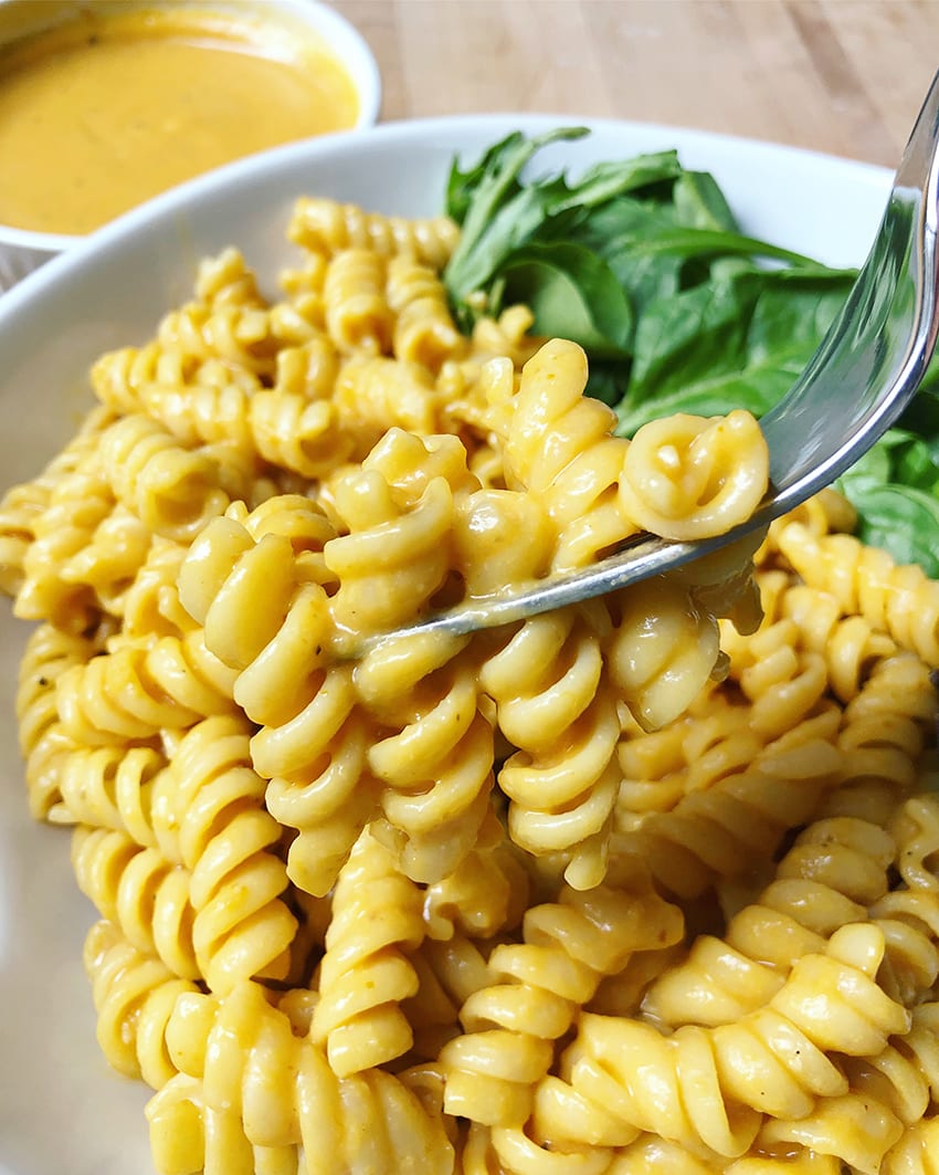 finished cheesy pasta recipe with pumpkin nutritional yeast recipe
