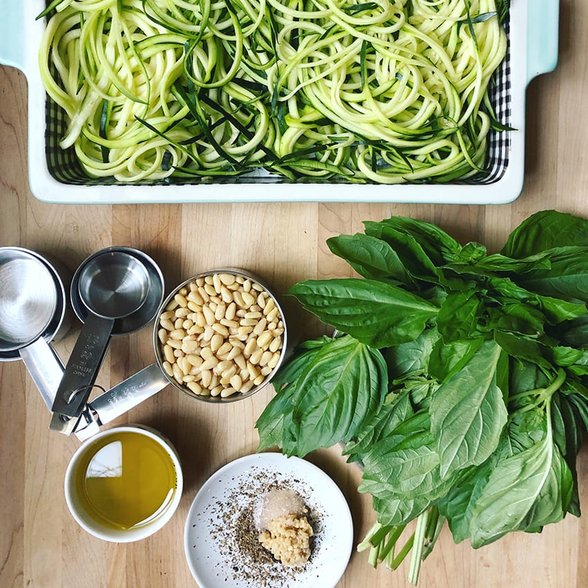 ingredients for vegan pesto and zucchini pasta