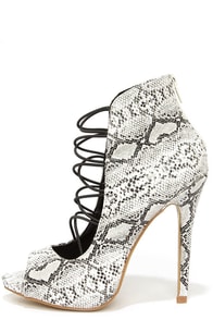 Shoe Republic LA Pacino White Snake Caged Peep Toe Booties