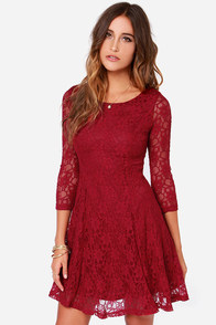 Fine and Dine Wine Red Lace Dress