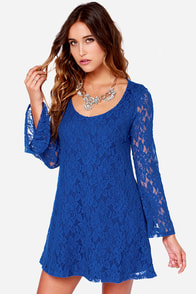 Dee Elle You Better Bell-ieve It Blue Long Sleeve Lace Dress