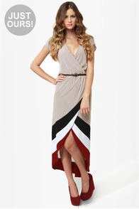 Perfect Pitch Taupe High-Low Wrap Dress