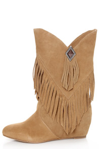 Obsession Rules Hopey Luggage Suede Fringe Wedge Boots
