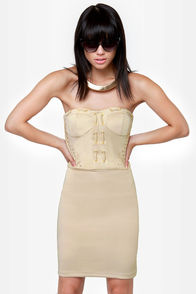 First Place Laced Strapless Beige Dress