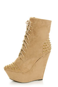 Fahrenheit Kristen 03 Taupe Studded Lace-Up Platform Booties
