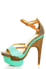 Mona Mia Mayo Mint Tribal Patterned Sculpted Platform Heels
