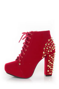 Qupid Luxe Velocity Red Velvet Studded Lace-Up Booties