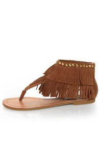 Steve Madden Klingee Cognac Suede Fringe Cuffed Thong Sandals