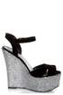 Qupid Kunis 09 Black Velvet and Silver Sparkles Platform Wedges