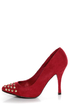 With a single sole, studs, AND a cap-toe, the Holly 31 Red Studded Cap-Toe Pointed Pumps are totally trending! Vegan suede high heels with gold spiked studs.