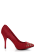With a single sole, studs, AND a cap-toe, the Holly 31 Red Studded Cap-Toe Pointed Pumps are totally trending! Vegan suede high heels with gold spiked studs.