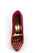 With a single sole, studs, AND a cap-toe, the Holly 31 Red Studded Cap-Toe Pointed Pumps are totally trending! Vegan suede high heels with gold spiked studs.