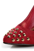 With a single sole, studs, AND a cap-toe, the Holly 31 Red Studded Cap-Toe Pointed Pumps are totally trending! Vegan suede high heels with gold spiked studs.