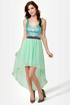 Crank up the sequin-frequency with the High Sequin-cy Mint Green High-Low Sequin Dress! Sequin bodice with a tie back, side cutouts, and a high-low chiffon skirt.