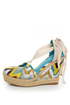 Bamboo Dorine 03 Teal Ikat Ankle Ribbon Espadrille Wedges