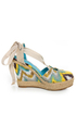 Bamboo Dorine 03 Teal Ikat Ankle Ribbon Espadrille Wedges