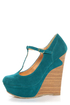 Dollhouse Trip Teal T-Strap Platform Wedges
