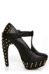Fahrenheit Bar 05 Black Studded T-Strap Platform Heels