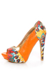 Mona Mia Leocadia Orange & Peacock Print Peep Toe Pumps