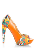 Mona Mia Leocadia Orange & Peacock Print Peep Toe Pumps