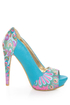 Mona Mia Leocadia Turquoise & Peacock Print Peep Toe Pumps