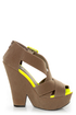 Qupid Burke 52 Taupe Velvet and Neon Yellow Platform Wedges