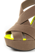Qupid Burke 52 Taupe Velvet and Neon Yellow Platform Wedges