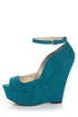 Qupid Finder 69 Teal Velvet Sculpted Peep Toe Platform Wedges