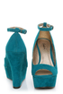 Qupid Finder 69 Teal Velvet Sculpted Peep Toe Platform Wedges