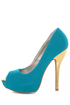 Qupid Heigl 82 Turquoise Velvet & Gold Peep Toe Pumps