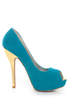 Qupid Heigl 82 Turquoise Velvet & Gold Peep Toe Pumps