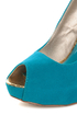 Qupid Heigl 82 Turquoise Velvet & Gold Peep Toe Pumps