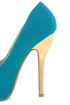 Qupid Heigl 82 Turquoise Velvet & Gold Peep Toe Pumps