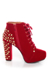 Qupid Luxe Velocity Red Velvet Studded Lace-Up Booties