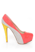 Qupid Penelope 44X Coral Curvy Color Block Platform Pumps