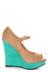 Diva Lounge Madison 07 Tan and Turquoise Peep Toe Wedges