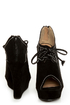 Yoki Stellar Black Top-Stitched Lace-Up Peep Toe Wedges