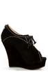 Yoki Stellar Black Top-Stitched Lace-Up Peep Toe Wedges