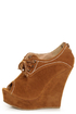 Yoki Stellar Rust Tan Top-Stitched Lace-Up Peep Toe Wedges