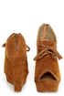Yoki Stellar Rust Tan Top-Stitched Lace-Up Peep Toe Wedges
