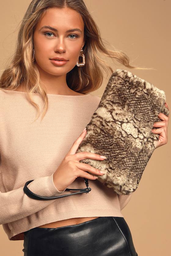 into it brown snake print faux fur fold-over clutch
