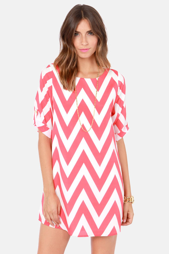 Can You Zig It? Coral Pink Chevron Print Dress