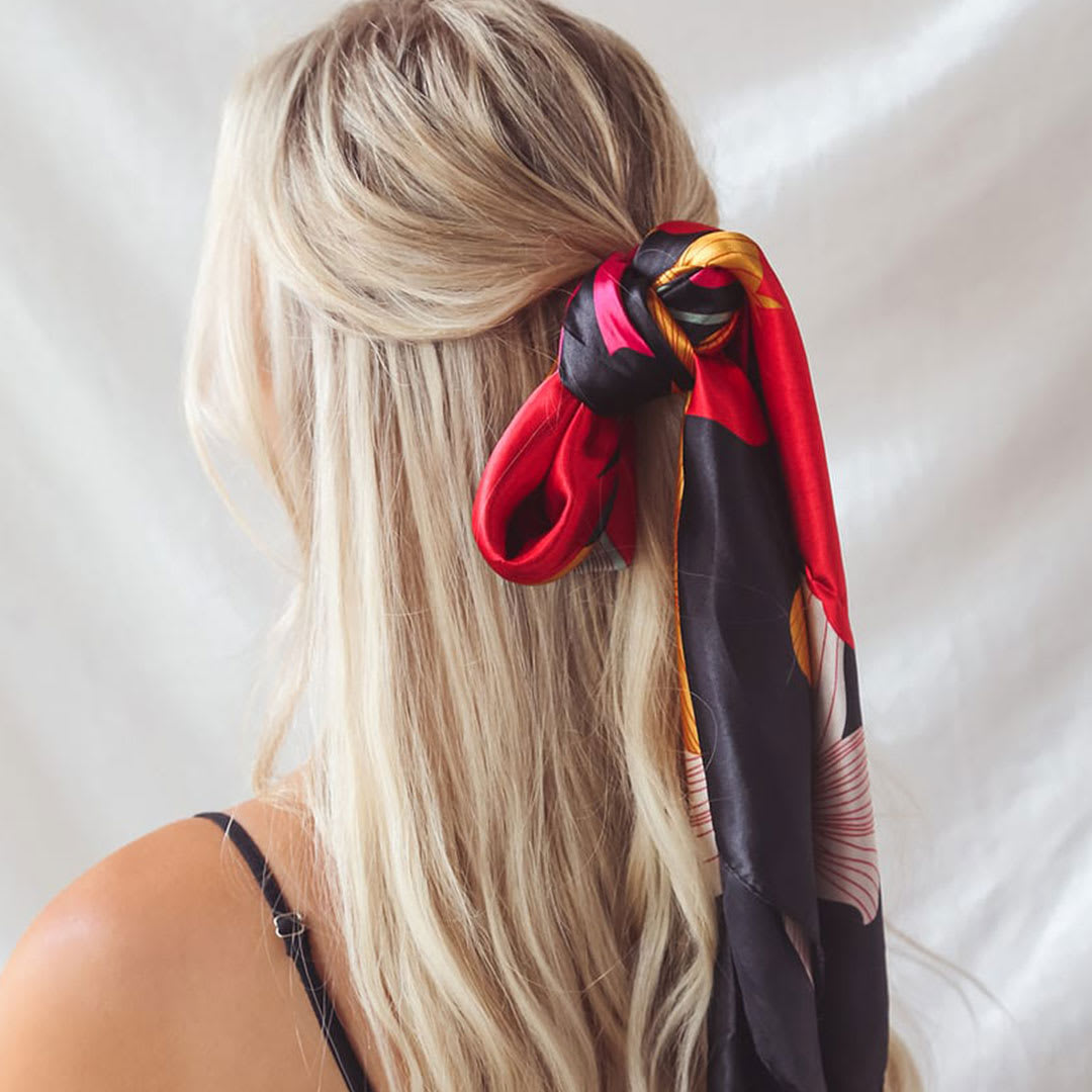 black floral print satin ponytail holder