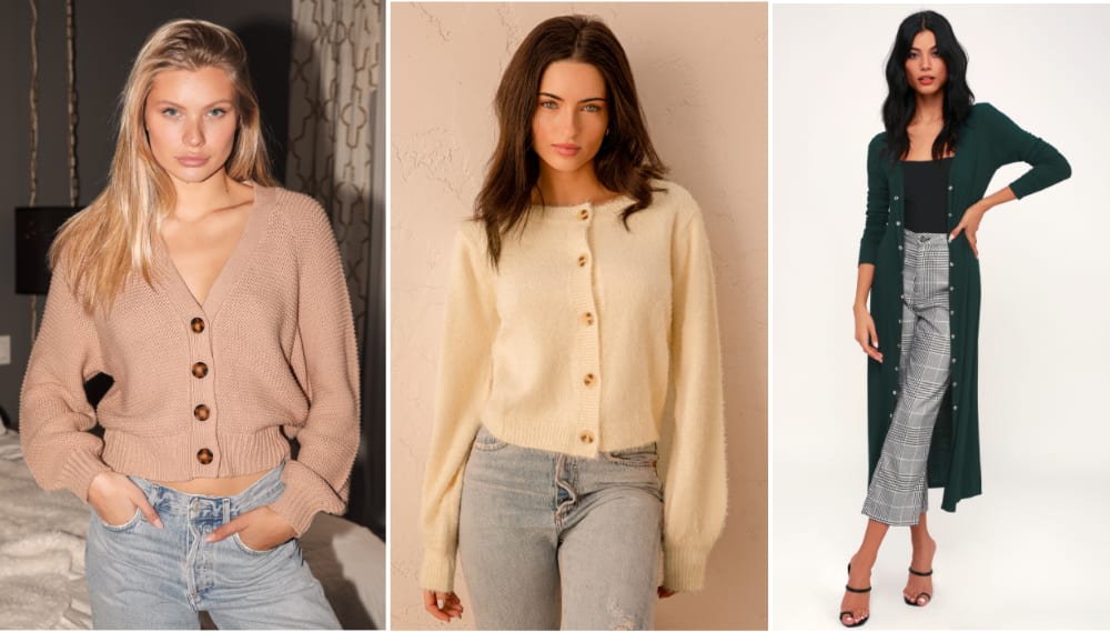 cardigan sweaters in beige cream and green