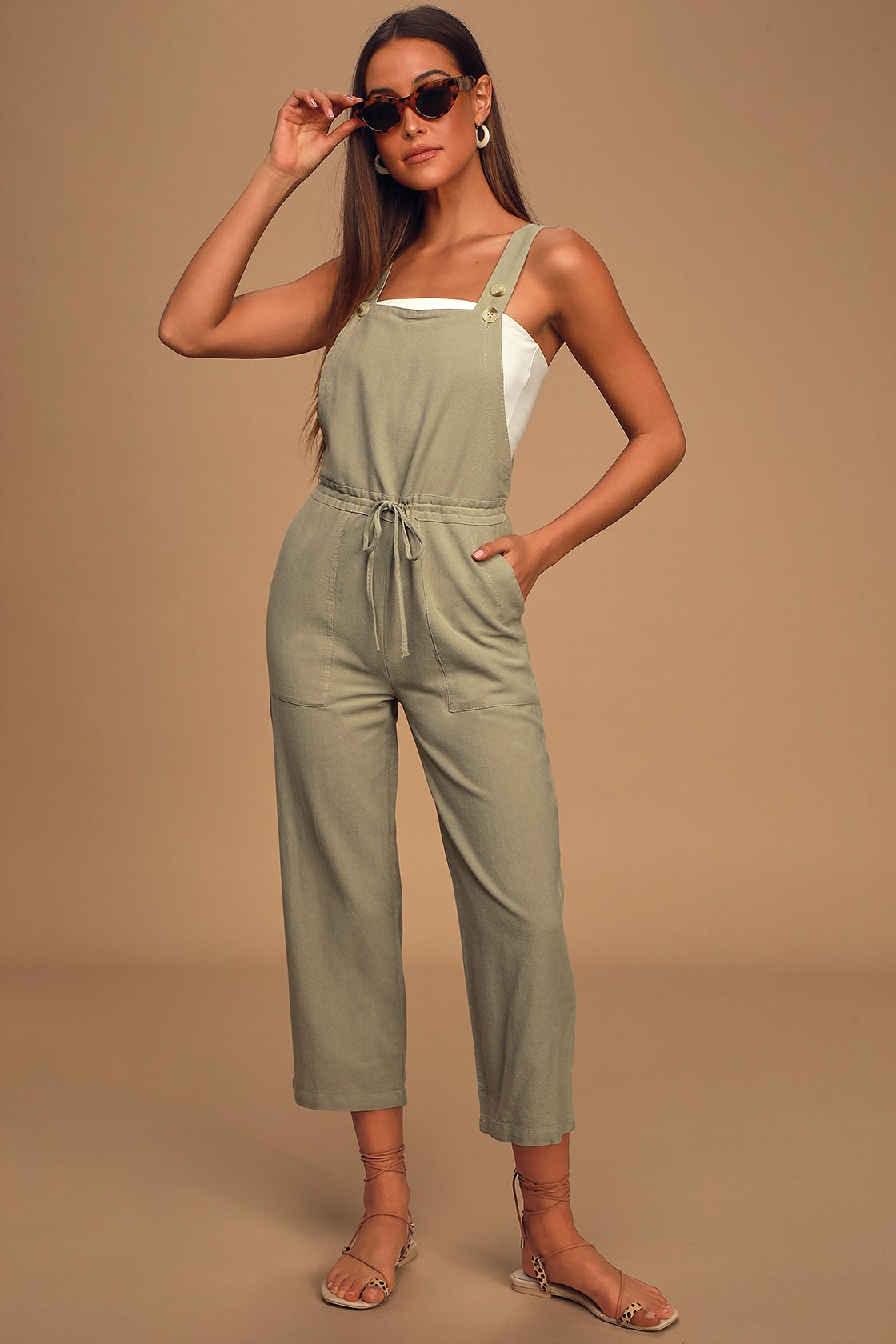 sage green drawstring wide leg jumpsuit