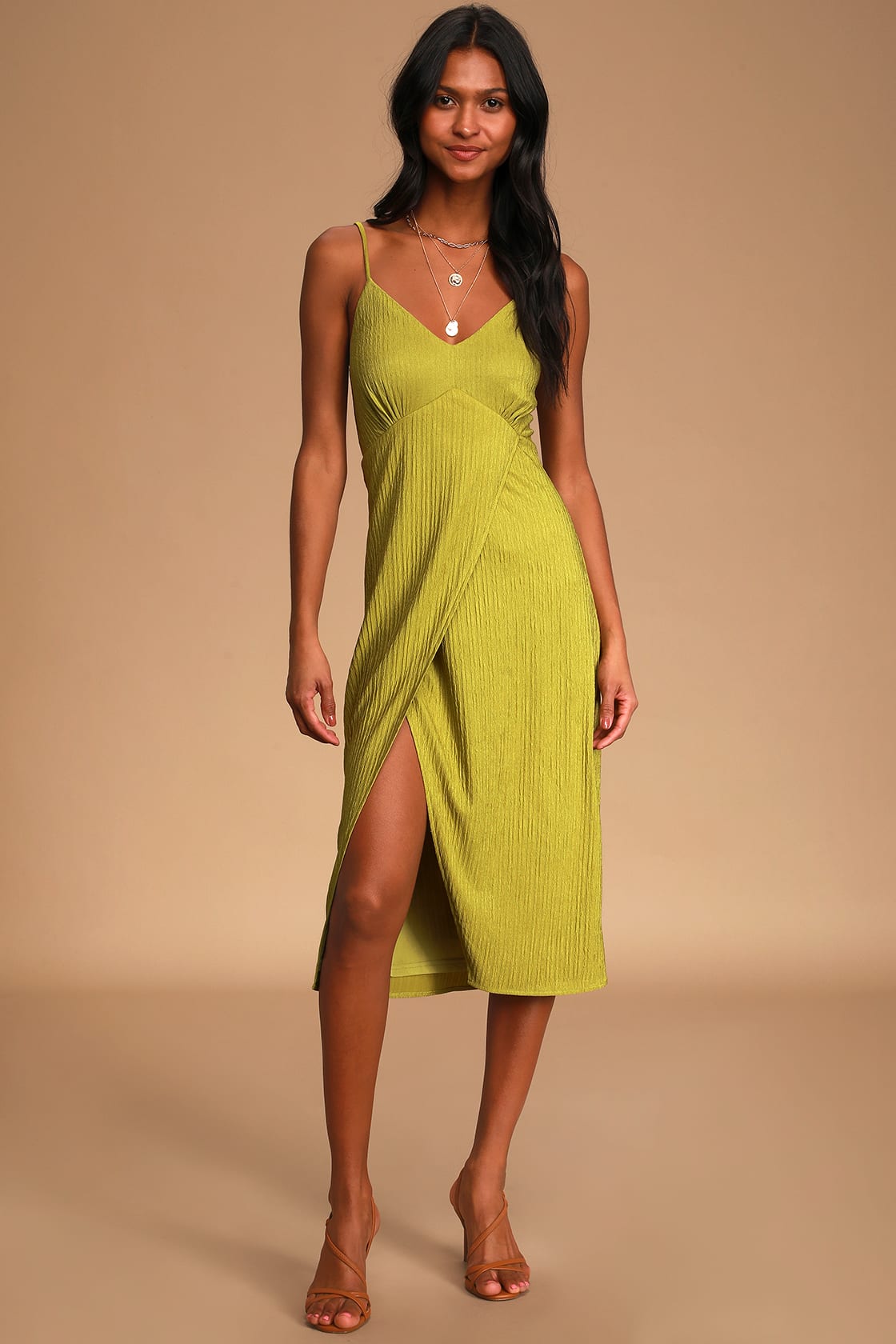 chartreuse tie back faux wrap midi dress