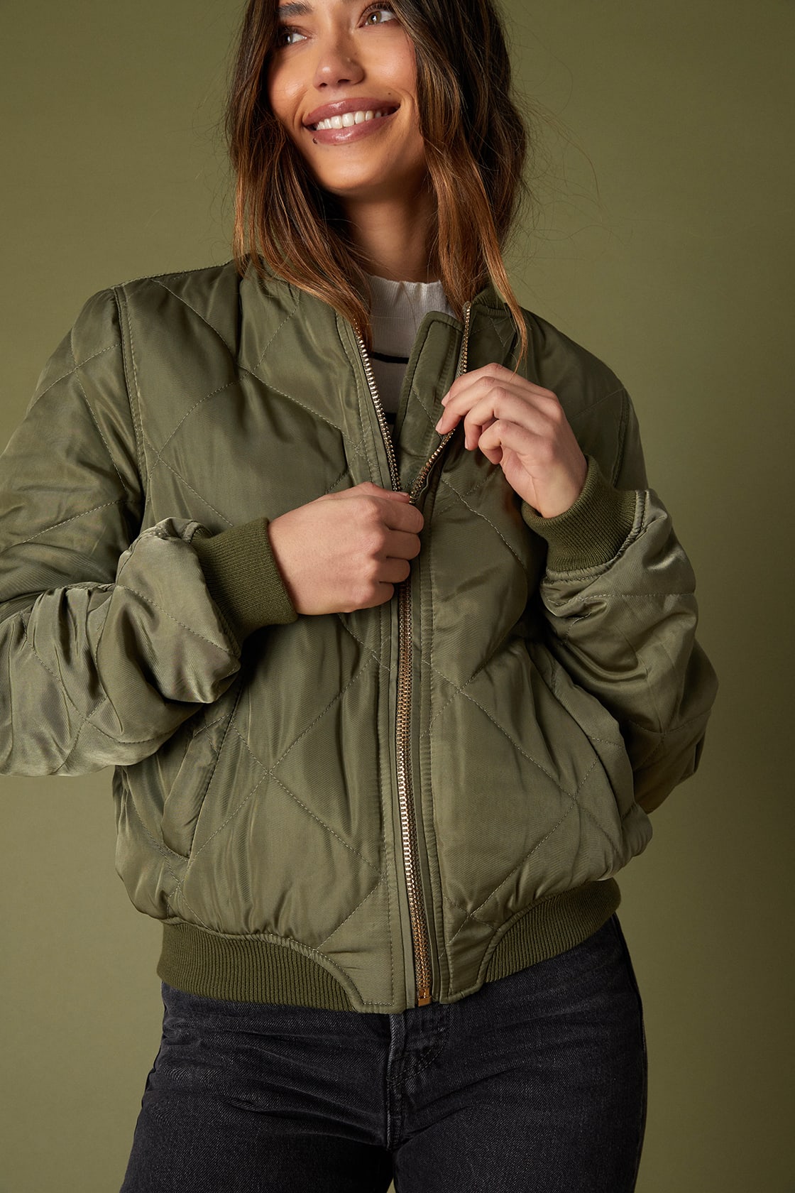 green quilted bomber jacket