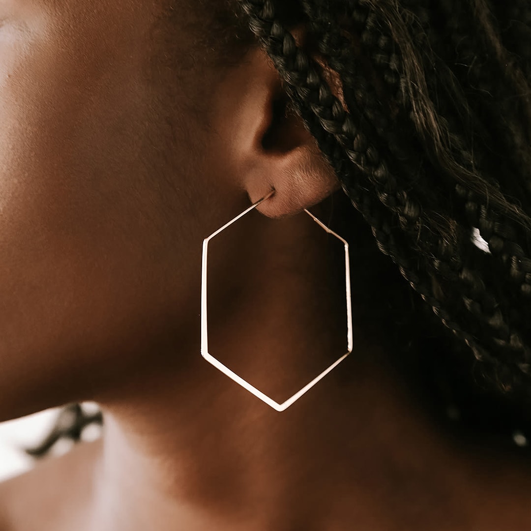 gold hexagon hoop earrings