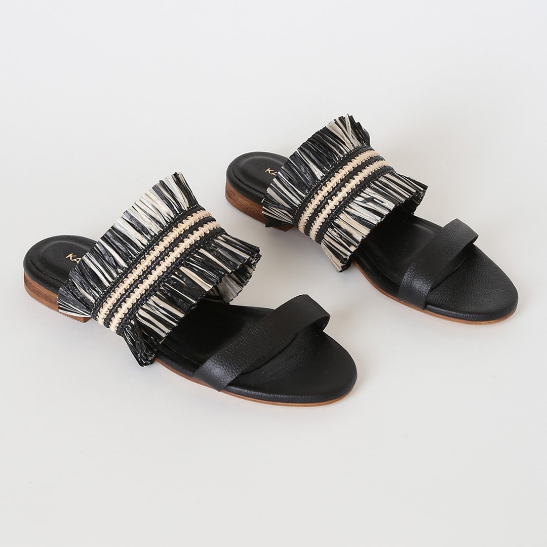 black leather fringe summer slides